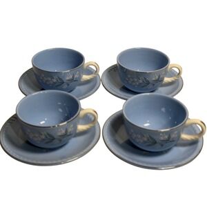 VTG Homer Laughlin Kraft Blue Cup Saucer Set‎ Floral Silver Trim 4 Sets